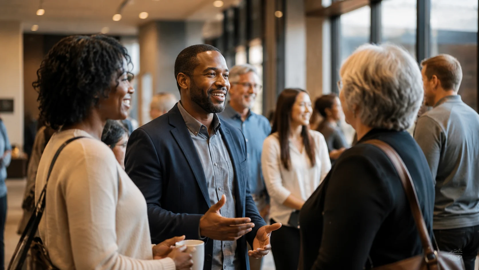 Personnes en conversation dans un environnement accueillant